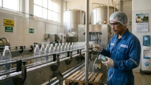Petugas menguji compressed air makanan dan minuman pada lini pengisian botol