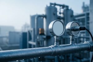 Petugas mengukur pressure dew point pada jalur udara bertekanan industri