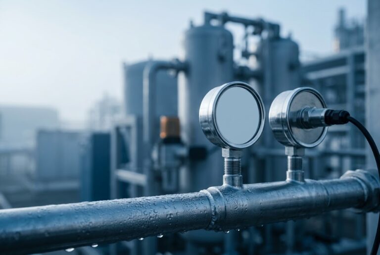 Petugas mengukur pressure dew point pada jalur udara bertekanan industri