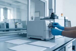 Analis memverifikasi standar kemurnian gas industri dengan kromatografi gas