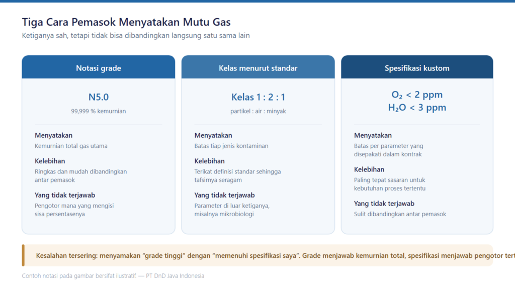 Standar Kemurnian Gas Industri dan Cara Membuktikannya 2 Perbandingan notasi grade, kelas standar, dan spesifikasi kustom pada standar kemurnian gas