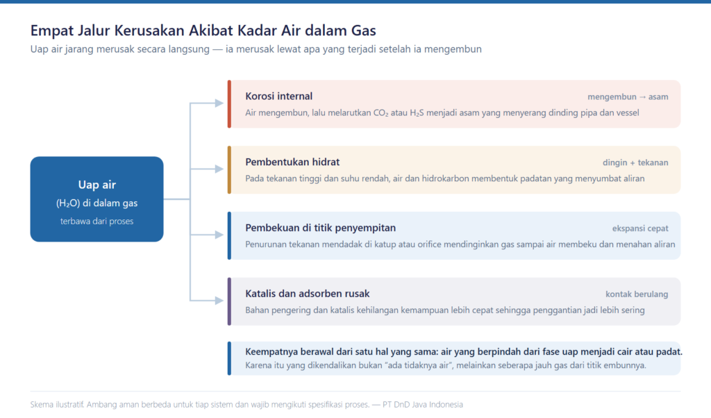 Diagram empat jalur kerusakan akibat kadar air dalam gas industri