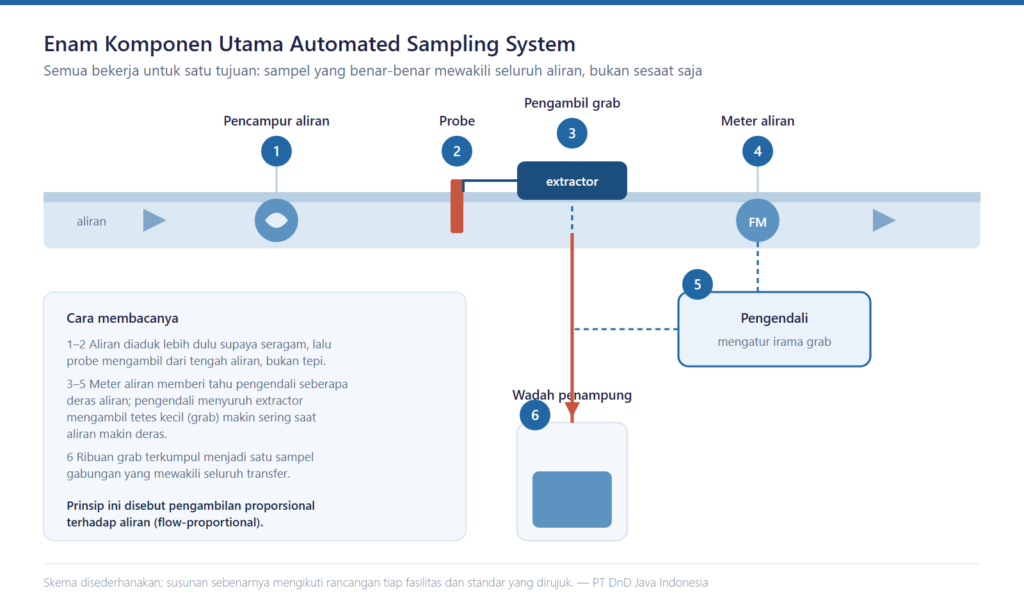 Automated Sampling System: Cara Kerja, Komponen, dan Standarnya 2 Diagram enam komponen utama automated sampling system pada jalur pipa