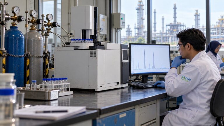 Analis memeriksa kromatogram pada alat gas chromatography di laboratorium