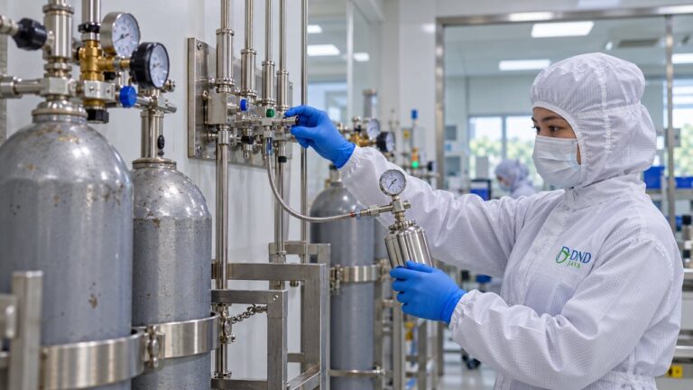 Staf QA mengambil sampel gas di ruang produksi farmasi