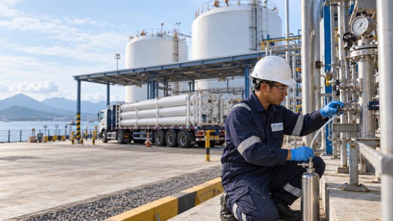 Teknisi mengambil sampel gas di fasilitas mini LNG dengan trailer CNG