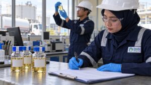 Botol sampel solar dan pengisian laporan uji laboratorium