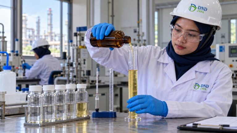 Analis laboratorium menuang sampel solar ke gelas ukur untuk uji lab solar