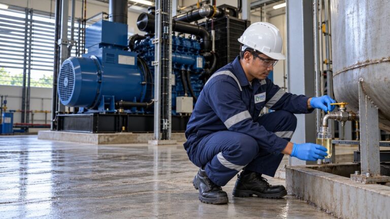 Teknisi mengambil sampel solar dari tangki genset gedung
