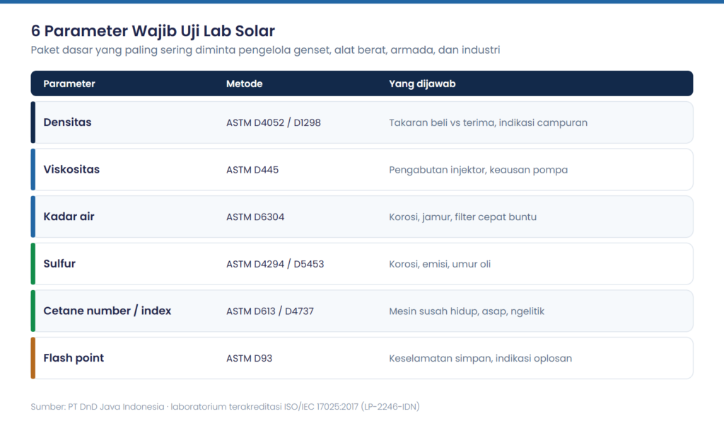 Uji Lab Solar: 6 Parameter Wajib untuk Genset, Alat Berat, dan Armada, plus Cara Kirim Sampel 1 Tabel 6 parameter wajib uji lab solar: densitas, viskositas, kadar air, sulfur, cetane number, flash point beserta metode ASTM